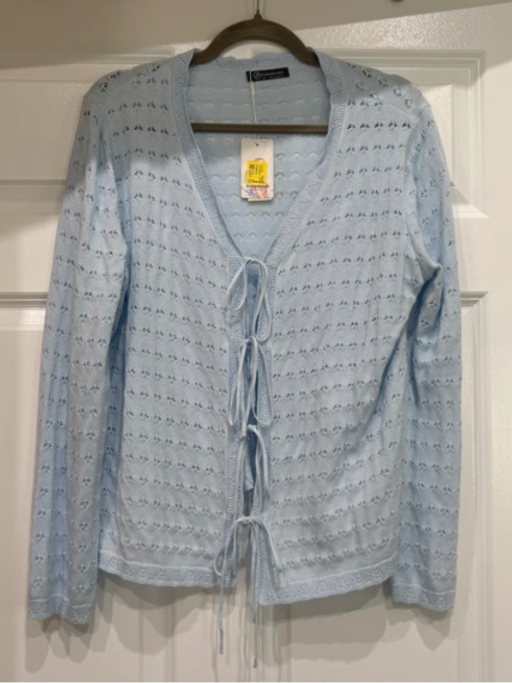 Light Blue Openwork Tie-Front Cardigan Sweater